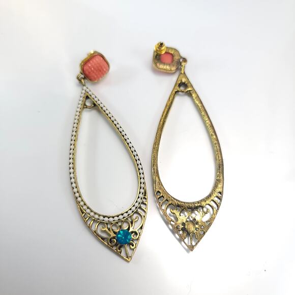 Vintage Teardrop Dangle Earrings with Coral and Turquoise Accents Boho Jewelry - Picture 10 of 10